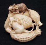 An Oriental Ivory Netsuke, modelled as rats devouring maize, 2” long