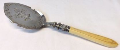 A Victorian plated bladed Serving Trowel, with foliate engraved decoration and bone handle, 9” long