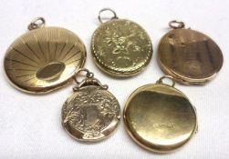 A packet containing five assorted Antique and Vintage Gold Plated Lockets