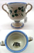 A Victorian two-handled Pedestal Frog Loving Cup, the outer body painted predominantly in puce and