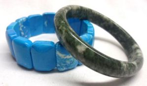 A Turquoise type panelled Bead Bracelet and an Agate Bangle (2)