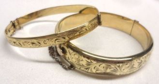 Two Gold Plated Bangles with engraved fronts