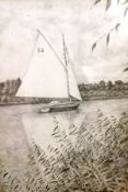 Chris Hutchins, Black and White Lithograph entitled “Sailing on The Broads”