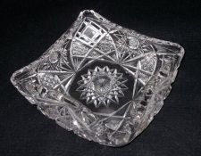 A heavily facetted Lead Crystal Glass square Dish with a crimped and folded rim, 8 ¼” wide