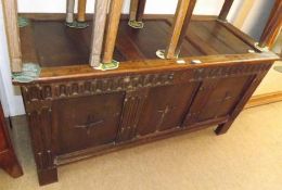 An Oak Coffer, three panel top and front on plain stile feet, circa early 18th Century, 54 ½” wide
