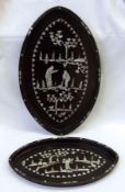 A pair of graduated oval Trays, each decorated in the Shibayama manner with scenes, 11” and 14” long