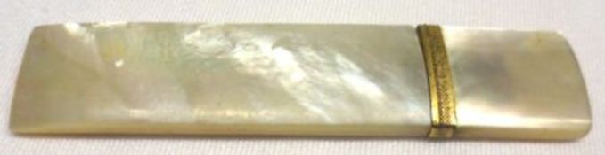 An unusual solid Mother-of-Pearl oval section two-part Needle Case with gilt metal mount,