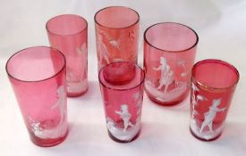 A collection of six Cranberry Glass Beakers and Glasses, all of cylindrical form and painted in