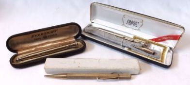 A Mixed Lot of four Propelling Pencils:  A Cased “Eversharp”, 9ct Gold encased example, hallmarked