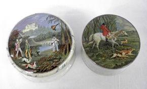A Prattware Pot and Lid “Pheasant Shooting” (marbled border) and one other “The Master of the
