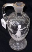 A Glass Ewer of tulip baluster form, decorated in the manner of Mary Gregory with a girl standing