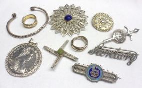 A packet of assorted white metal and metal Jewellery items including six Brooches, Bangle, two Rings