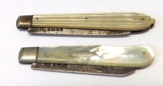 A Victorian folding Fruit Knife with Silver blade (shortened) and engraved Mother of Pearl case,