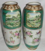 A pair of Noritake Baluster Vases of cylindrical form, the necks decorated with panels of scenes