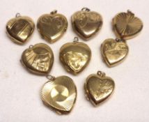 A packet containing nine assorted Vintage Gold Plated Heart-shaped Lockets