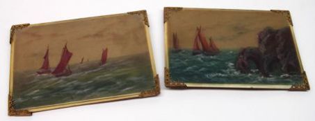 A pair of unusual composition Pictures depicting stormy shipping scenes in gilt metal mounted