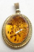 An Amber Set 9ct Gold Framed Oval Pendant with rope twist edge, approximately 20mm drop