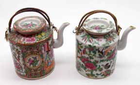 Two Canton Famille Rose Teapots of cylindrical form, each decorated in typical colours, one with