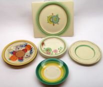 A small mixed lot of Clarice Cliff Wares, comprises a Biarritz Plate decorated with the Aurea