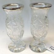 A pair of cut glass Specimen Vases with applied Silver Collars, 5 ½” tall, London 1933, (marks