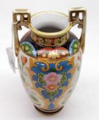 A Noritake two-handled Baluster Vase of tapering form, brightly decorated in colours with puce and