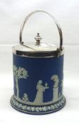 A Wedgwood Jasper Biscuit Barrel of cylindrical form with silver plated cover, mount and handle,