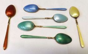 A set of six Elizabeth II Silver-gilt and Harlequin enamelled Coffee Spoons, (one bowl with minor