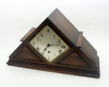 A mid-20th Century English Oak Cased Mantel Clock of unusual triangular form, with Roman numerals to