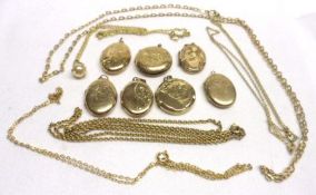 A packet containing seven assorted Vintage Gold Plated Lockets plus some Trace Chains