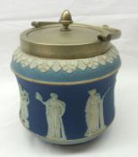 A Wedgwood Jasper Biscuit Barrel of waisted circular form, the central panel moulded pâte-sur-pâte