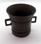 A Bronze Patinated two-handled Mortar, of tapering circular form, dated 1825, 20th Century, 4” high