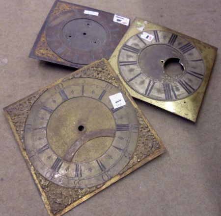 Three various Antique Longcase Clock Brass Faces, John Vawne; F Fayley, Uttoxeter and John
