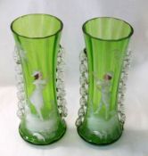 A pair of decorative green Glass Vases of circular waisted form, applied on either side with clear