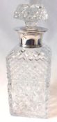 An Elizabeth II Cut Glass Square Whisky Decanter and Stopper, square cut with hallmarked Silver