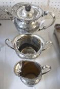 A Victorian EPBM three piece Tea Set of circular baluster form, with beaded edges and engraved