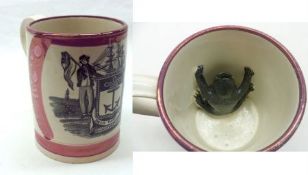 A 19th Century Sunderland Lustre Frog Mug, the outer body printed en grisaille with the “Mariners