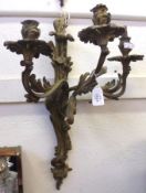 A 19th Century Ormolu Three Branch Wall Sconce, with foliate formed sconces and drip trays, 16” wide