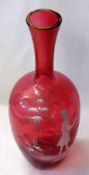 A Cranberry Glass Spill Vase, painted in the manner of Mary Gregory with a motif of a young girl