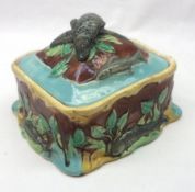 A Majolica rectangular Covered Sardine Dish, probably George Jones, the cover with handle formed
