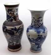 A Chinese crackle glazed large baluster Vase, decorated in under glazed blue with dragons and