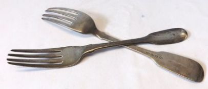 Two Antique Dinner Forks, Fiddle pattern, London 1814/44, approximately 5 ozs total, (worn) (2)