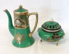 A Noritake Coffee Pot, gilded with panels of stylised foliage on a green ground; together with a