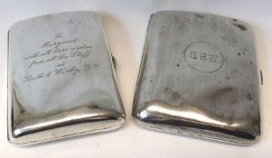 Two curved rectangular Cigarette Cases, one of plain design, with lengthy inscription to front,
