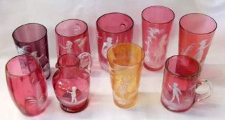 A collection of three Cranberry Beakers, a further Amber example and an Amethyst example, two