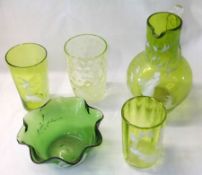 A collection of five various Green Glass items all decorated in the manner of Mary Gregory with