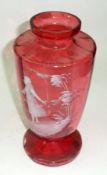 A Cranberry Glass baluster Vase painted in the manner of Mary Gregory with a girl amidst woodland