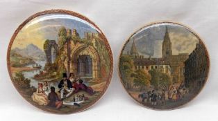 Two Prattware Pot Lids (both restored): “The Picnic” and “French Street Scene”, 5” and 4”