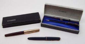 Two Vintage Parker Fountain Pens; and a further Case containing Biro etc