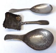 A Mixed Lot of three Caddy Spoons:  A George III bright cut Spoon in Old English pattern, Birmingham