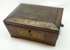 A 19th Century Rosewood and Cut Brass Inlaid Workbox, containing various implements, small selection